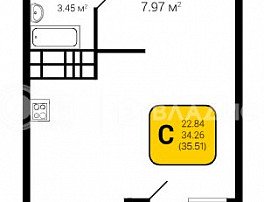 1-комнатная квартира, 35.51 м2