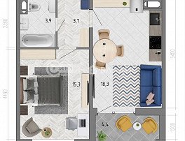 1-комнатная квартира, 43.4 м2