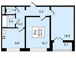 2-комнатная квартира, 58.9 м2