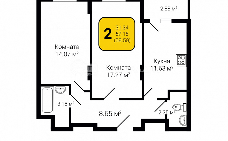 2-комнатная квартира, 58.59 м2, эт. 2, id: 758605, фото 6