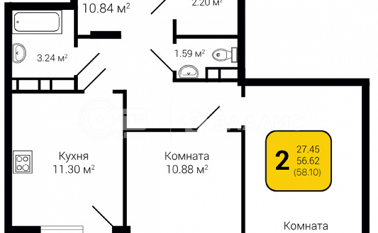 2-комнатная квартира, 58.1 м2, эт. 2, id: 807353, фото 7