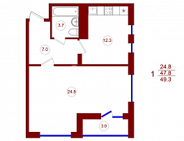 1-комнатная квартира, 49.3 м2