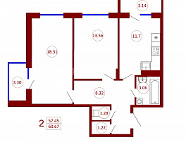 2-комнатная квартира, 60.67 м2