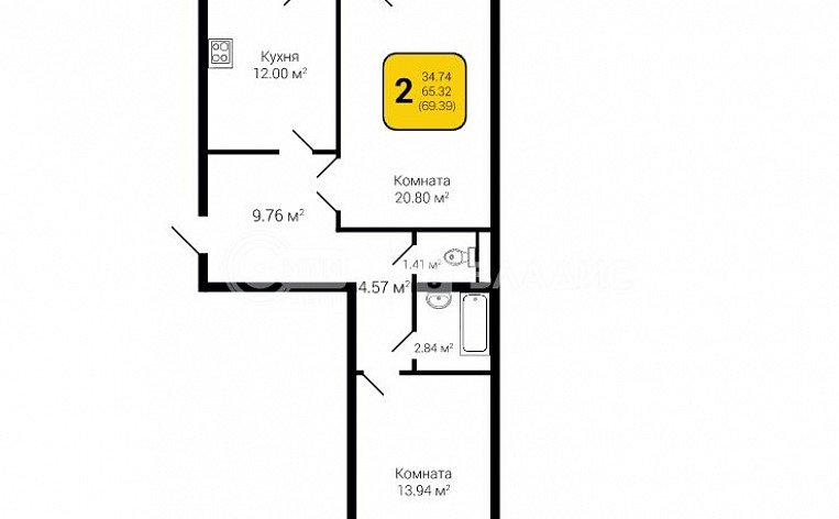 2-комнатная квартира, 69.22 м2, эт. 12, id: 756739, фото 5