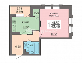 1-комнатная квартира, 43.46 м2