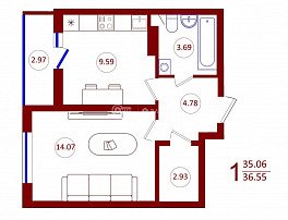 1-комнатная квартира, 36.55 м2