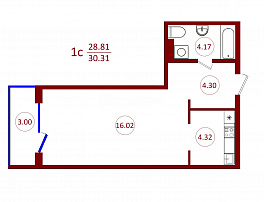 1-комнатная квартира, 30.31 м2