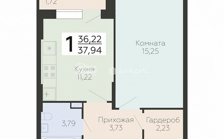 1-комнатная квартира, 37.85 м2, эт. 4, id: 978815, фото 11