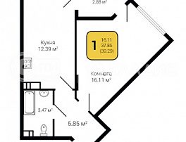 1-комнатная квартира, 39.29 м2