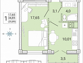 1-комнатная квартира, 35.89 м2