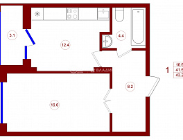 1-комнатная квартира, 43.2 м2
