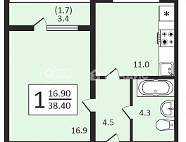 1-комнатная квартира, 38.4 м2