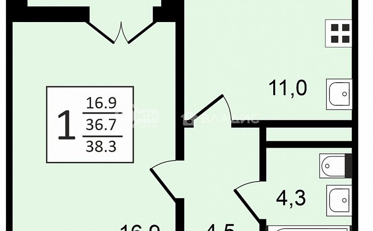 1-комнатная квартира, 38.3 м2, эт. 12, id: 1056337, фото 12