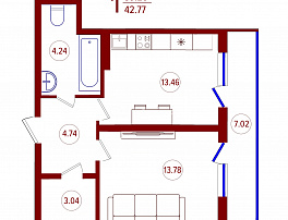 1-комнатная квартира, 42.77 м2