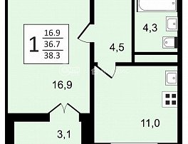 1-комнатная квартира, 38.3 м2