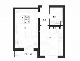 1-комнатная квартира, 41.5 м2