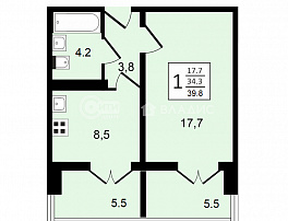 1-комнатная квартира, 39.8 м2