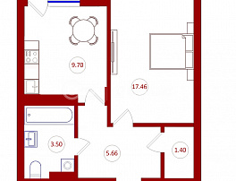 1-комнатная квартира, 38.96 м2