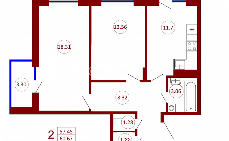 2-комнатная квартира, 60.67 м2, эт. 11, id: 937662, фото 6