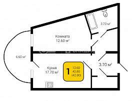 1-комнатная квартира, 42.8 м2