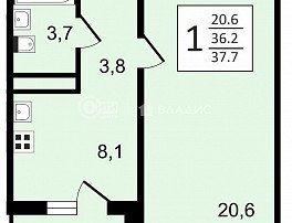 1-комнатная квартира, 37.7 м2