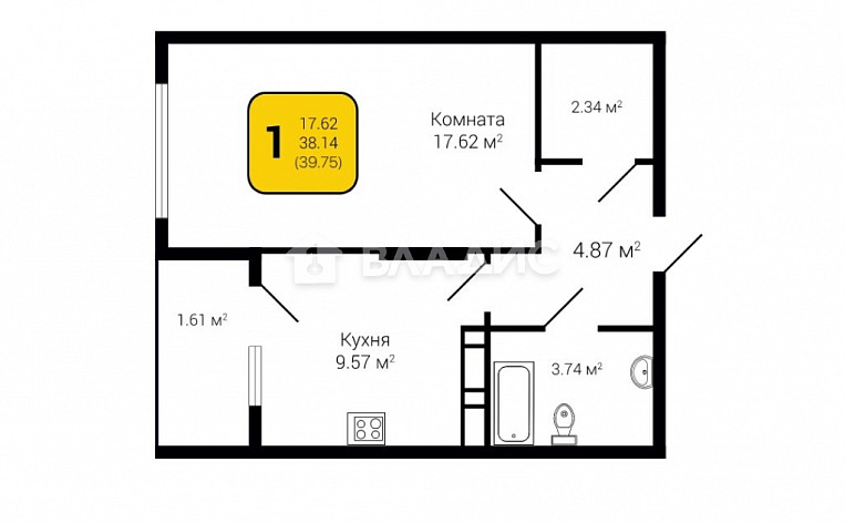 1-Комнатная квартира 39.75м², эт. 14, фото 19