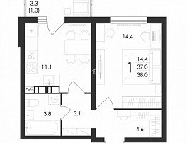 1-комнатная квартира, 38 м2