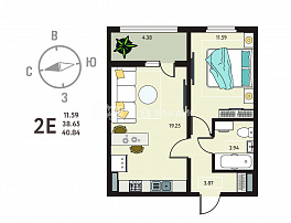 1-комнатная квартира, 40.84 м2