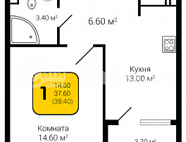 1-комнатная квартира, 39.4 м2