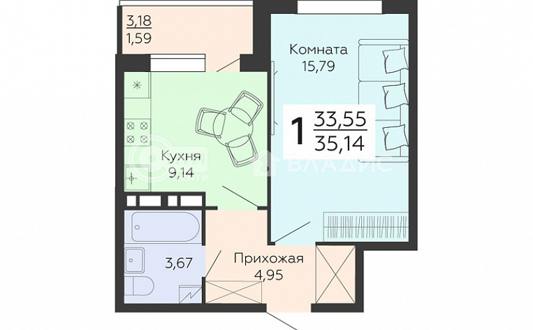 1-комнатная квартира, 35.14 м2, эт. 10, id: 899152, фото 13