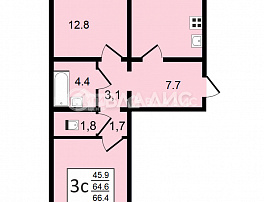 3-комнатная квартира, 66.4 м2