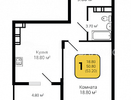 1-комнатная квартира, 53.2 м2