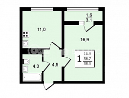 1-комнатная квартира, 38.3 м2