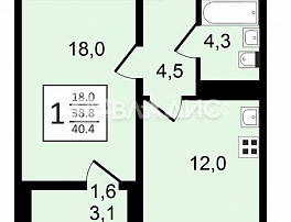 1-комнатная квартира, 40.4 м2