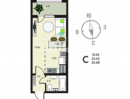 1-комнатная квартира, 26.68 м2