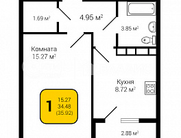 1-комнатная квартира, 35.92 м2