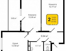 2-комнатная квартира, 51.42 м2