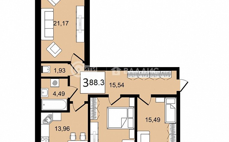 3-комнатная квартира, 88.3 м2, эт. 2, id: 1080780, фото 7