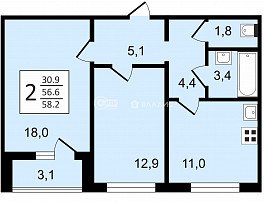 2-комнатная квартира, 58.2 м2