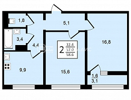 2-комнатная квартира, 59 м2