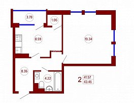 1-комнатная квартира, 43.46 м2