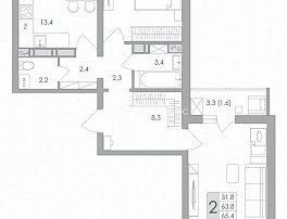 2-комнатная квартира, 65.4 м2