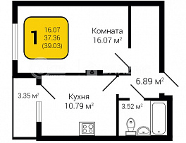 1-комнатная квартира, 39.03 м2