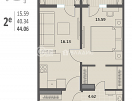 1-комнатная квартира, 43.95 м2