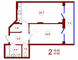 1-Комнатная квартира 53.62м²