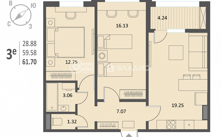 2-комнатная квартира, 62.9 м2, эт. 4, id: 917094, фото 13