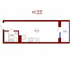 1-комнатная квартира, 24.74 м2
