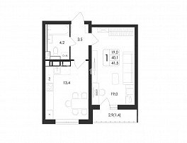 1-комнатная квартира, 41.5 м2