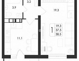 1-комнатная квартира, 38.5 м2