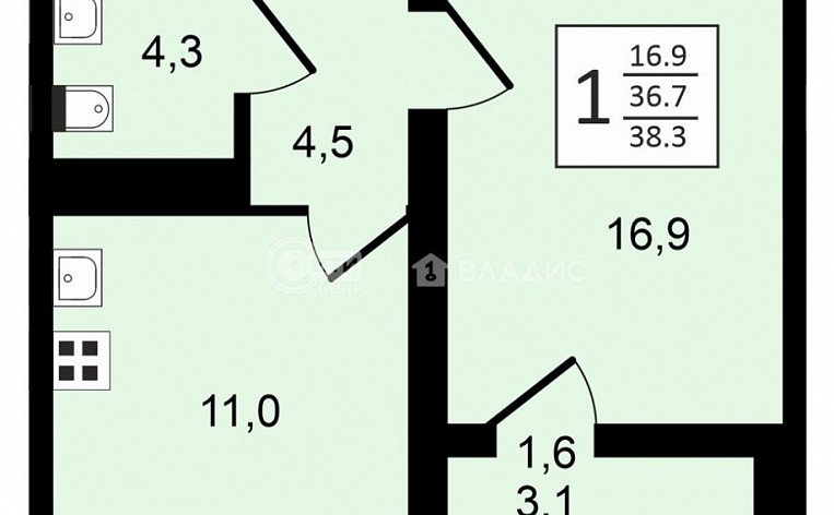 1-комнатная квартира, 38.3 м2, эт. 11, id: 1056842, фото 27